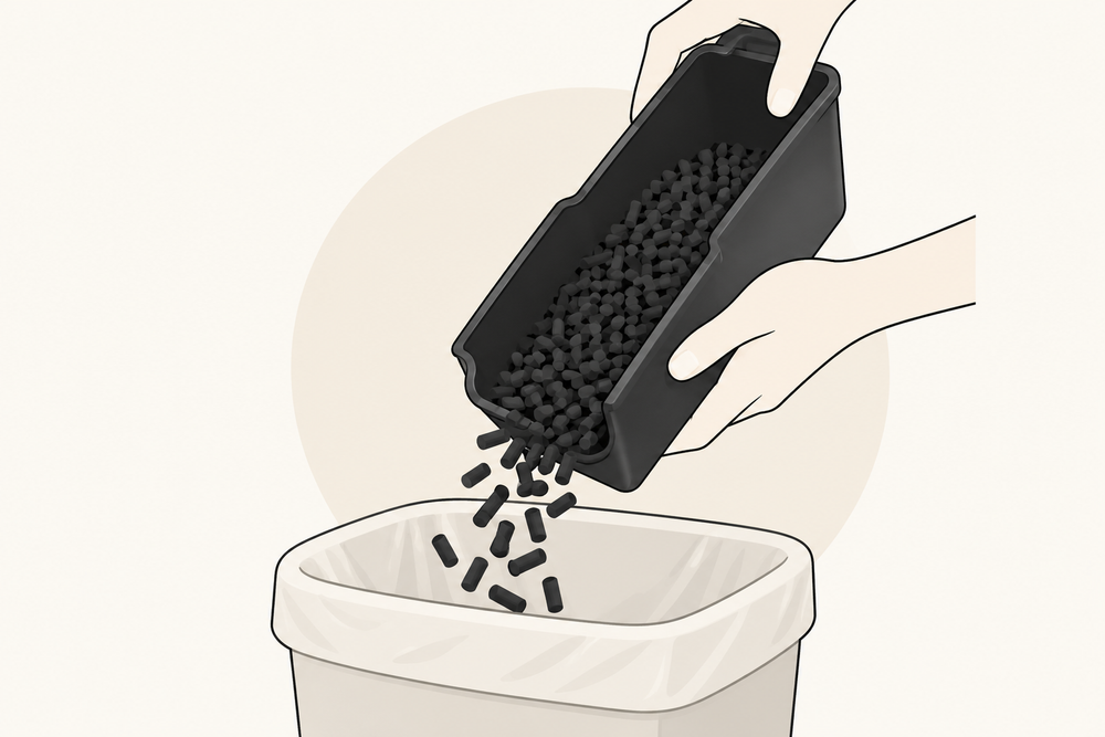 Removing old activated carbon from the Green Experience Kitchen Composter 2.0 refillable filter