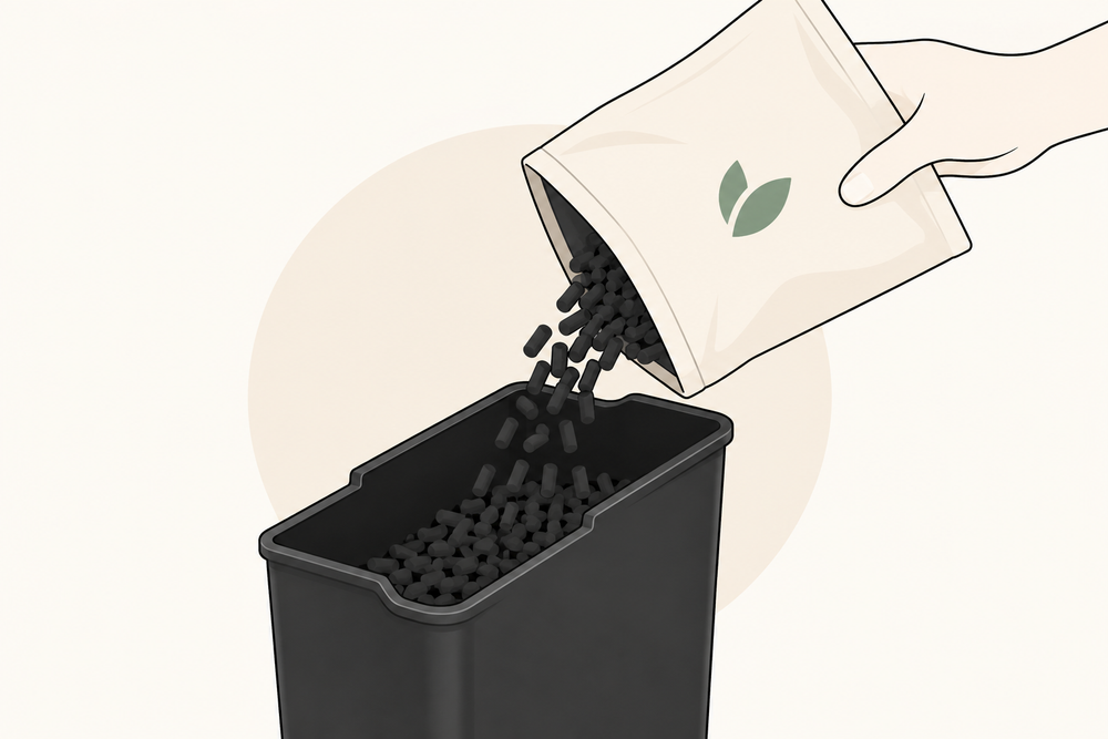 Refilling the Green Experience Kitchen Composter 2.0 filter with fresh activated carbon